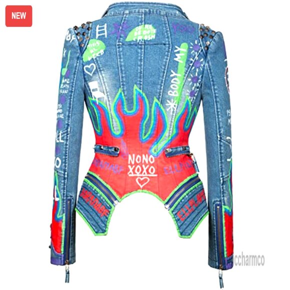 Punk Floral Embroidered Faux Leather Moto Jacket Short Style Hand-Painted - Picture 4 of 4